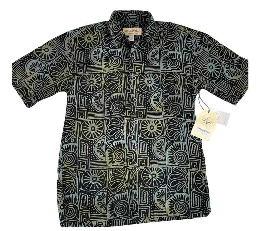 Johari West Men's Hawaiian Shirt Black Green Tribal Short Sleeve Button Up NEW